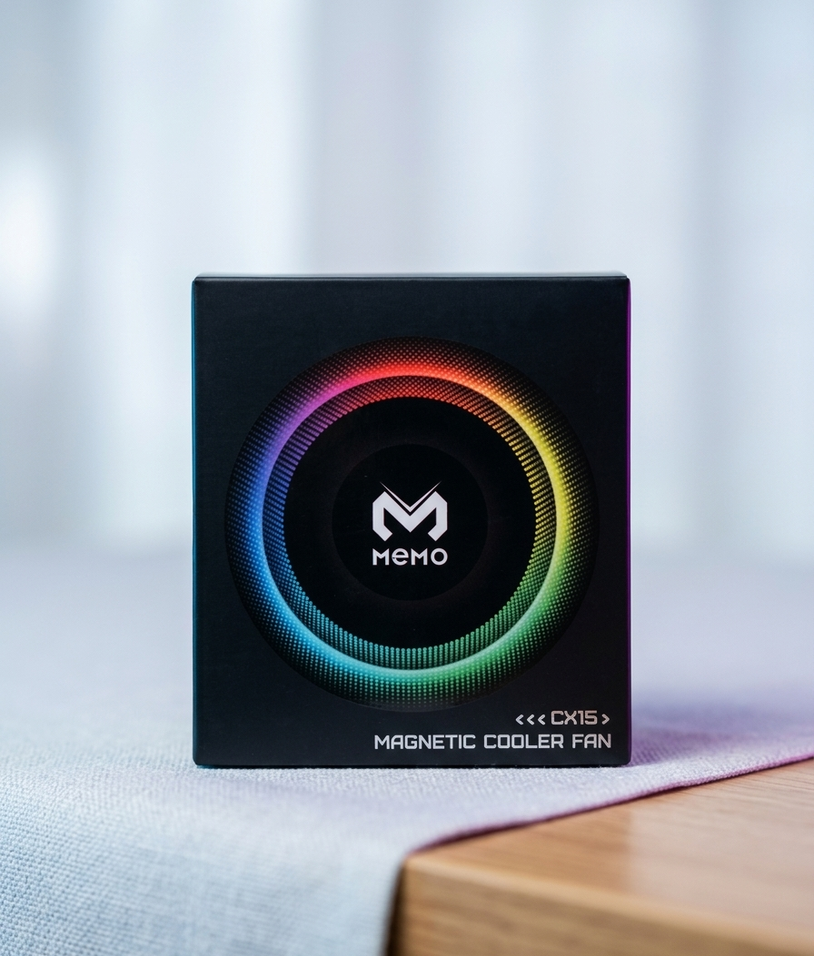 Box of Memo magnetic cooler fan with colorful design on a light background