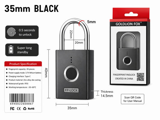 Smart Fingerprint Padlock Waterproof Zinc Alloy Biometric