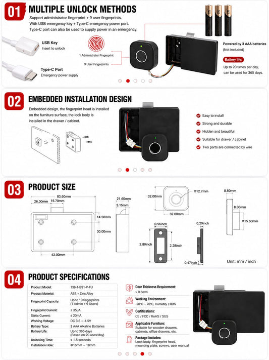 Fingerprint Cabinet Lock, Smart Biometric, Fit for Keyless Hidden File Drawer Wardrobe, Child Safety Electric Fingerprint Lock, DIY Wooden Furniture Privacy for Home Office