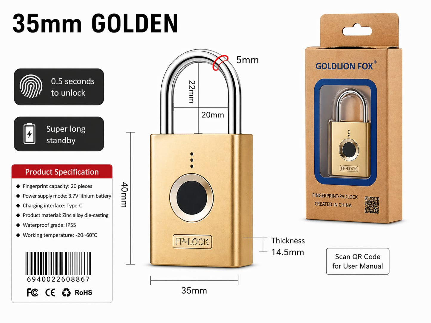 Smart Fingerprint Padlock Waterproof Zinc Alloy Biometric