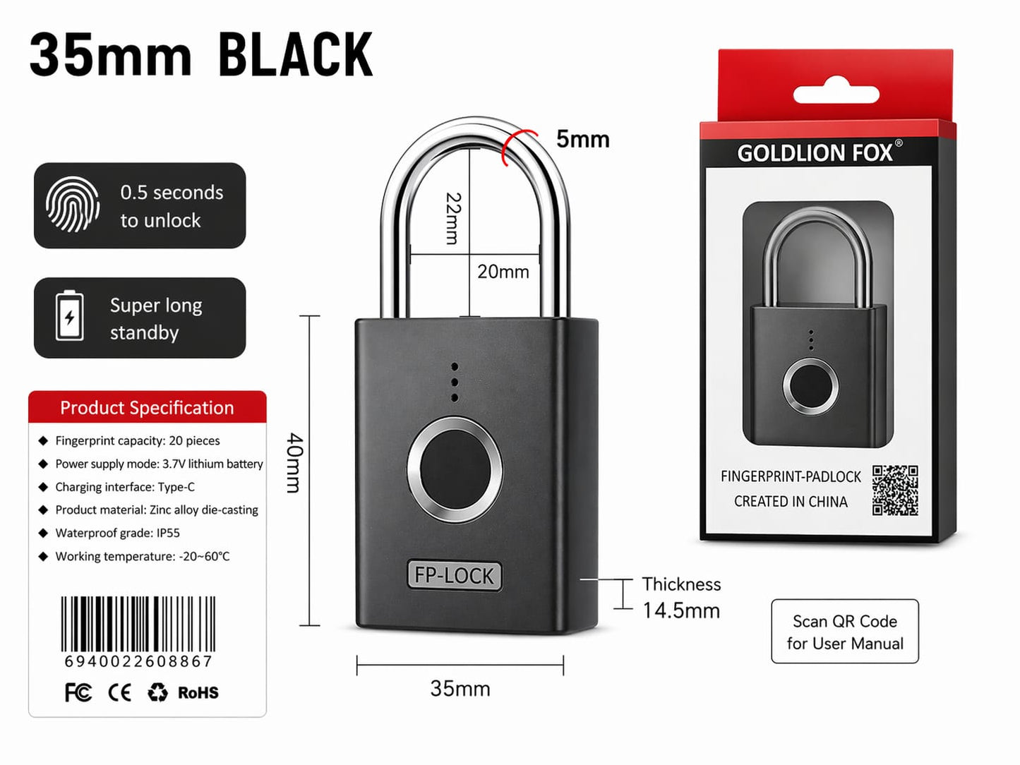 Smart Fingerprint Padlock Waterproof Zinc Alloy Biometric