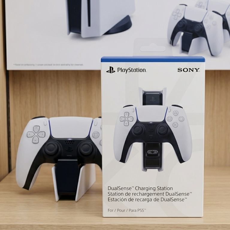 PlayStation DualSense charging station packaging on a wooden shelf with a white background