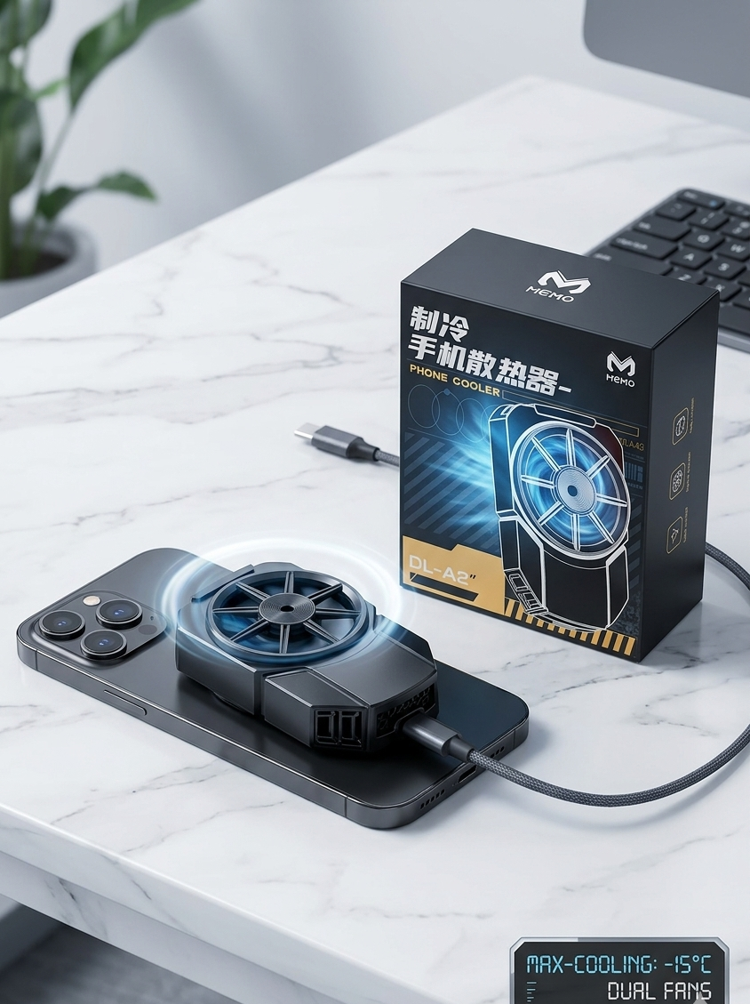 Phone cooling pad with fan and packaging on a desk